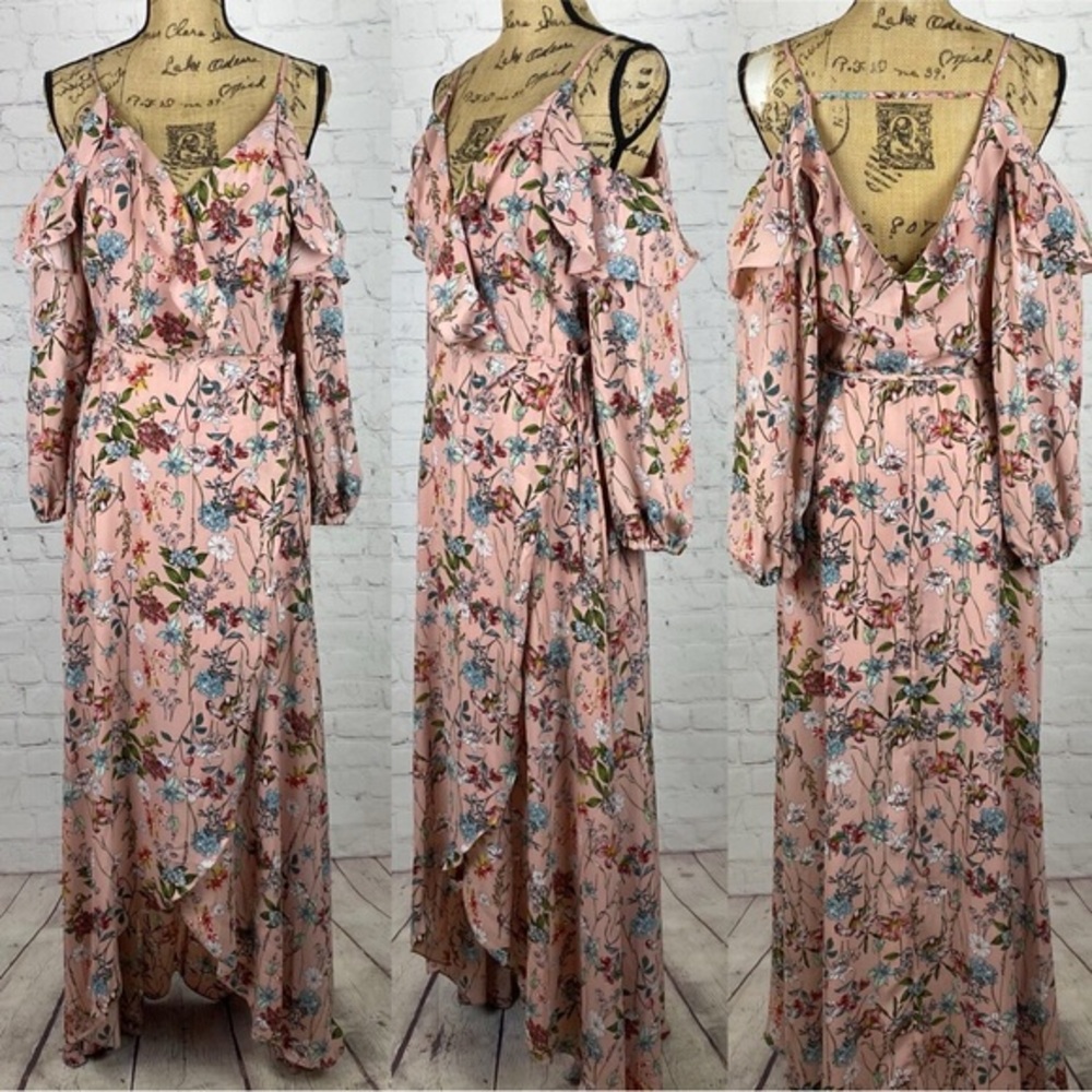 GB Pink Floral Print Cold Shoulder Low V Back Lantern Sleeve Wrap Maxi